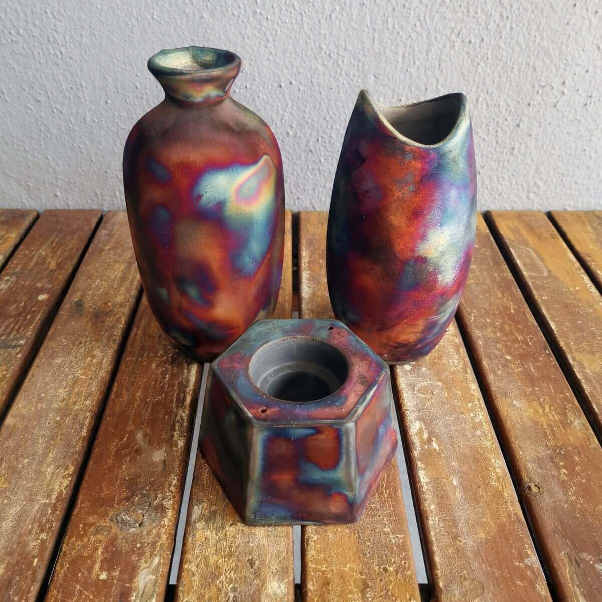 Raku Pottery Birthday Gift Set - Keihatsu, Koi, Koban Unique Handmade ceramic pottery raku vases, urns, and home decor, sculptures, wall decor, gifts by Adil Ghani