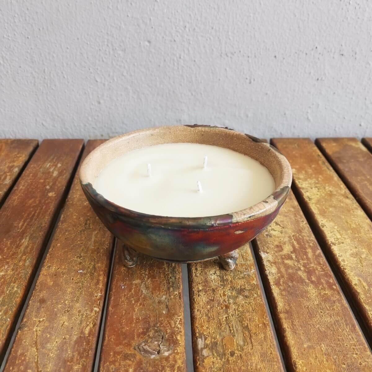 Hono Raku Pottery Refillable Scented Soy Wax Candle with 3 Wicks Unique Handmade ceramic pottery raku vases, urns, and home decor, sculptures, wall decor, gifts by Adil Ghani