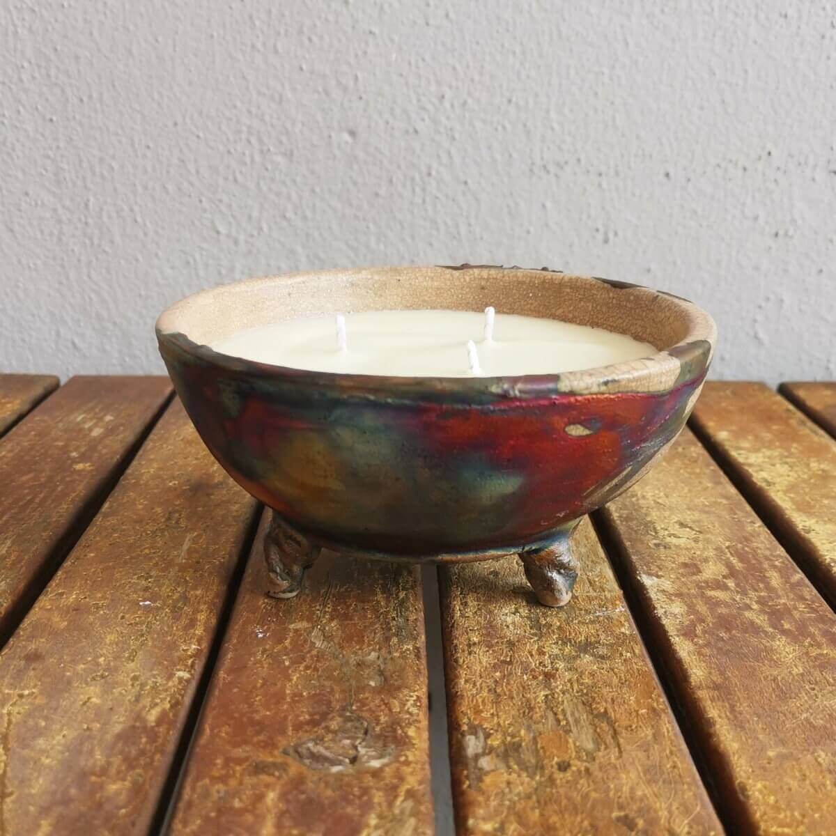 Hono Raku Pottery Refillable Scented Soy Wax Candle with 3 Wicks Unique Handmade ceramic pottery raku vases, urns, and home decor, sculptures, wall decor, gifts by Adil Ghani
