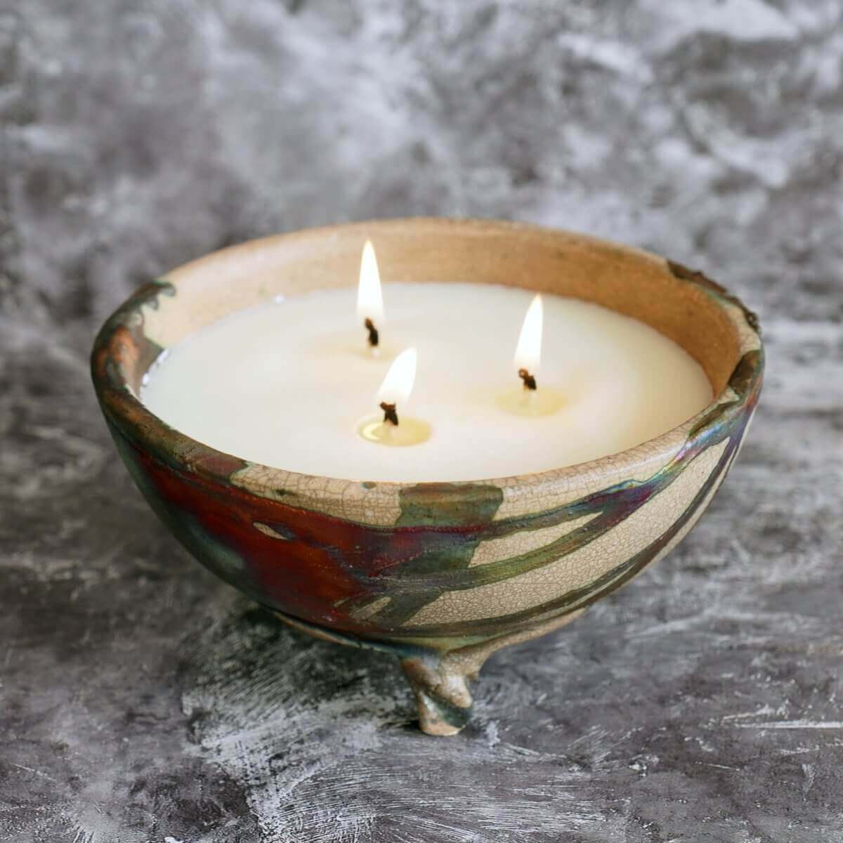 Hono Raku Pottery Refillable Scented Soy Wax Candle with 3 Wicks Unique Handmade ceramic pottery raku vases, urns, and home decor, sculptures, wall decor, gifts by Adil Ghani