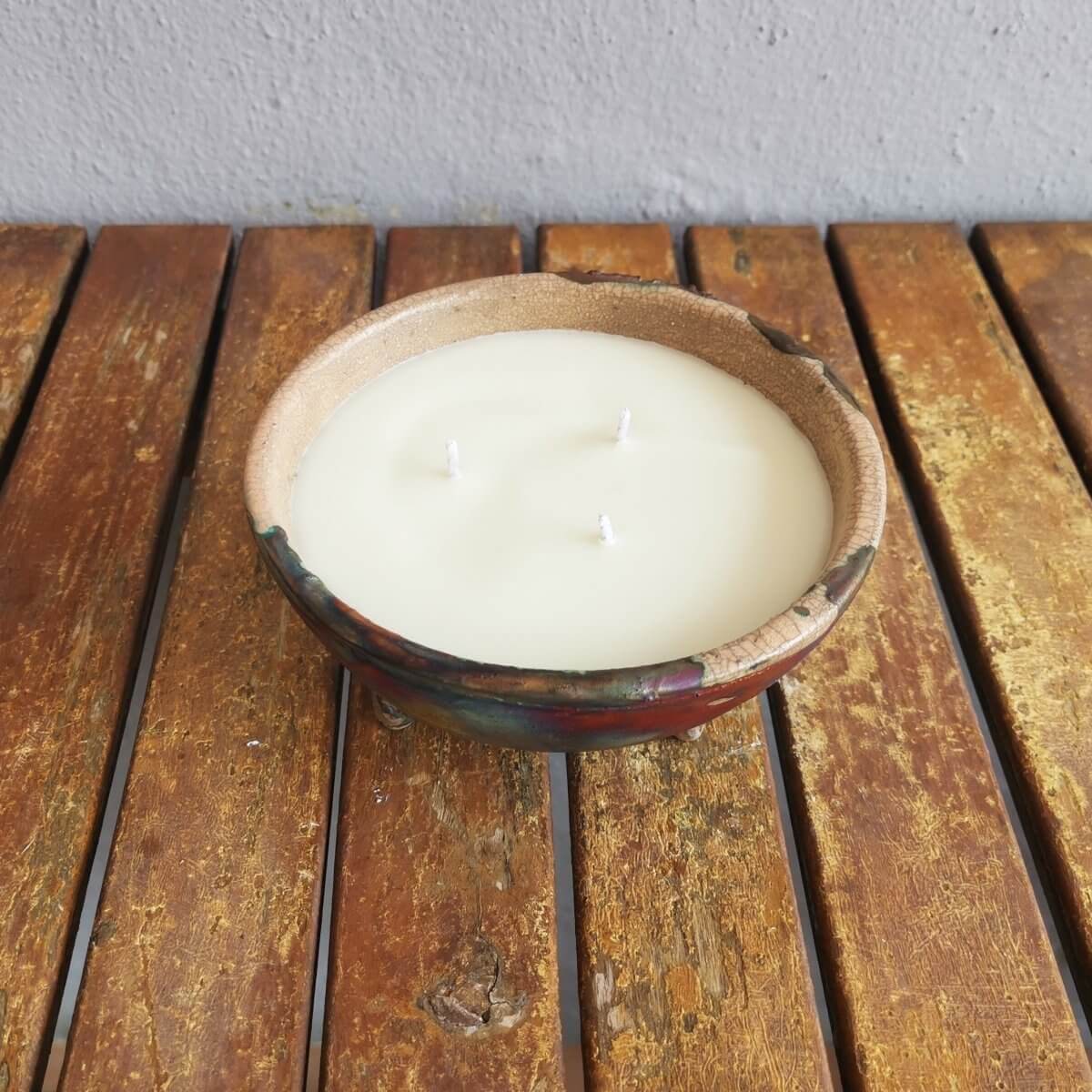 Hono Raku Pottery Refillable Scented Soy Wax Candle with 3 Wicks Unique Handmade ceramic pottery raku vases, urns, and home decor, sculptures, wall decor, gifts by Adil Ghani