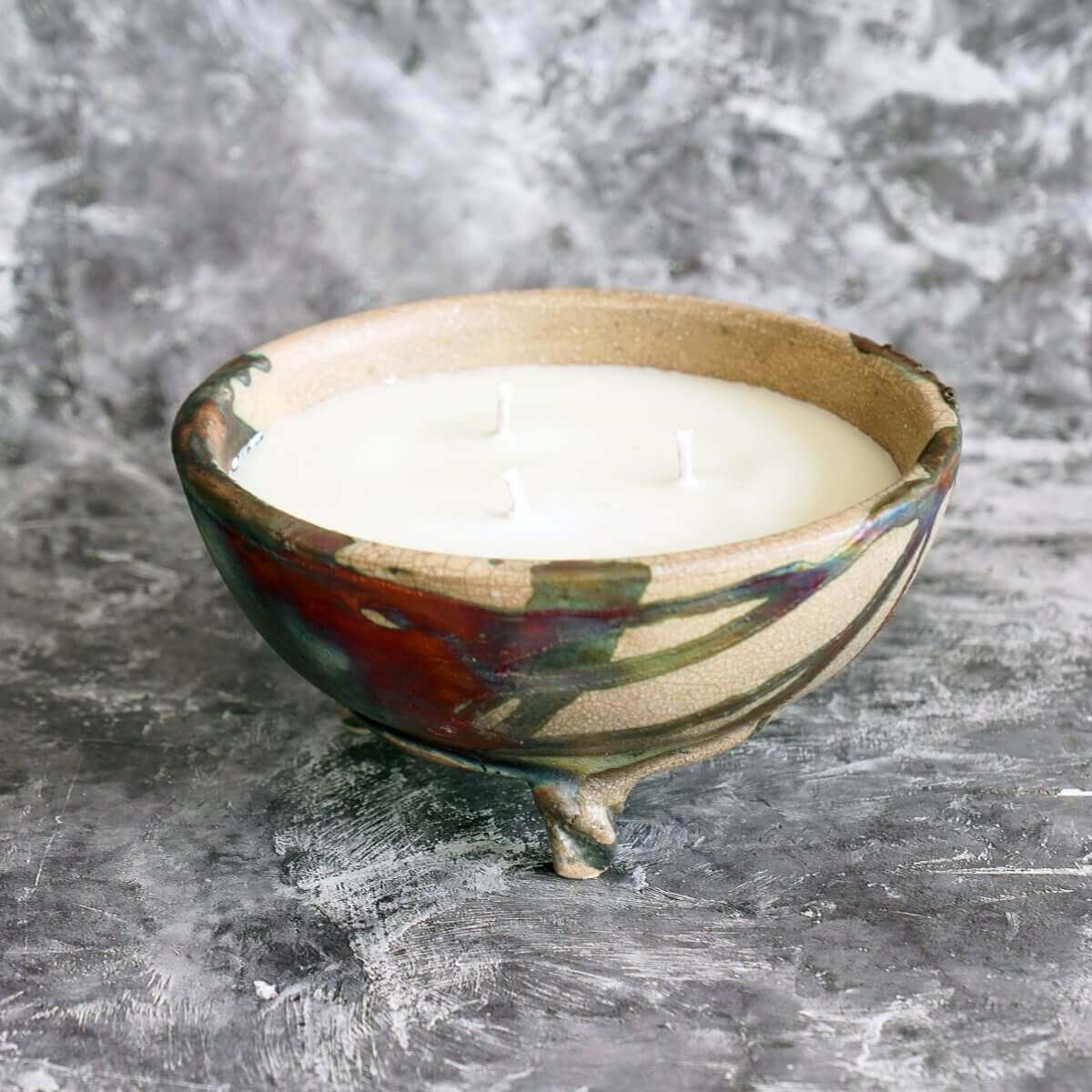 Hono Raku Pottery Refillable Scented Soy Wax Candle with 3 Wicks Unique Handmade ceramic pottery raku vases, urns, and home decor, sculptures, wall decor, gifts by Adil Ghani