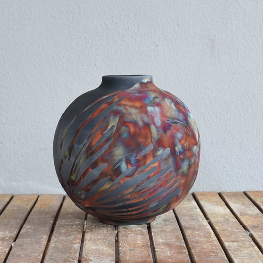 RAAQUU Large Globe Ceramic Vase Carbon Copper S/N0000429 11" Raku Pottery Unique Handmade ceramic pottery raku vases, urns, and home decor, sculptures, wall decor, gifts by Adil Ghani