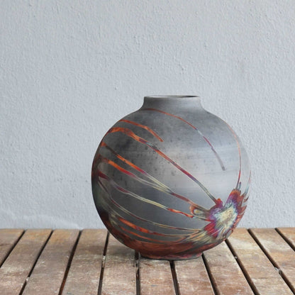 Raku pottery vase ceramic home decor RAAQUU Large Globe Ceramic Vase Carbon Copper S/N0000474 11" Raku Pottery