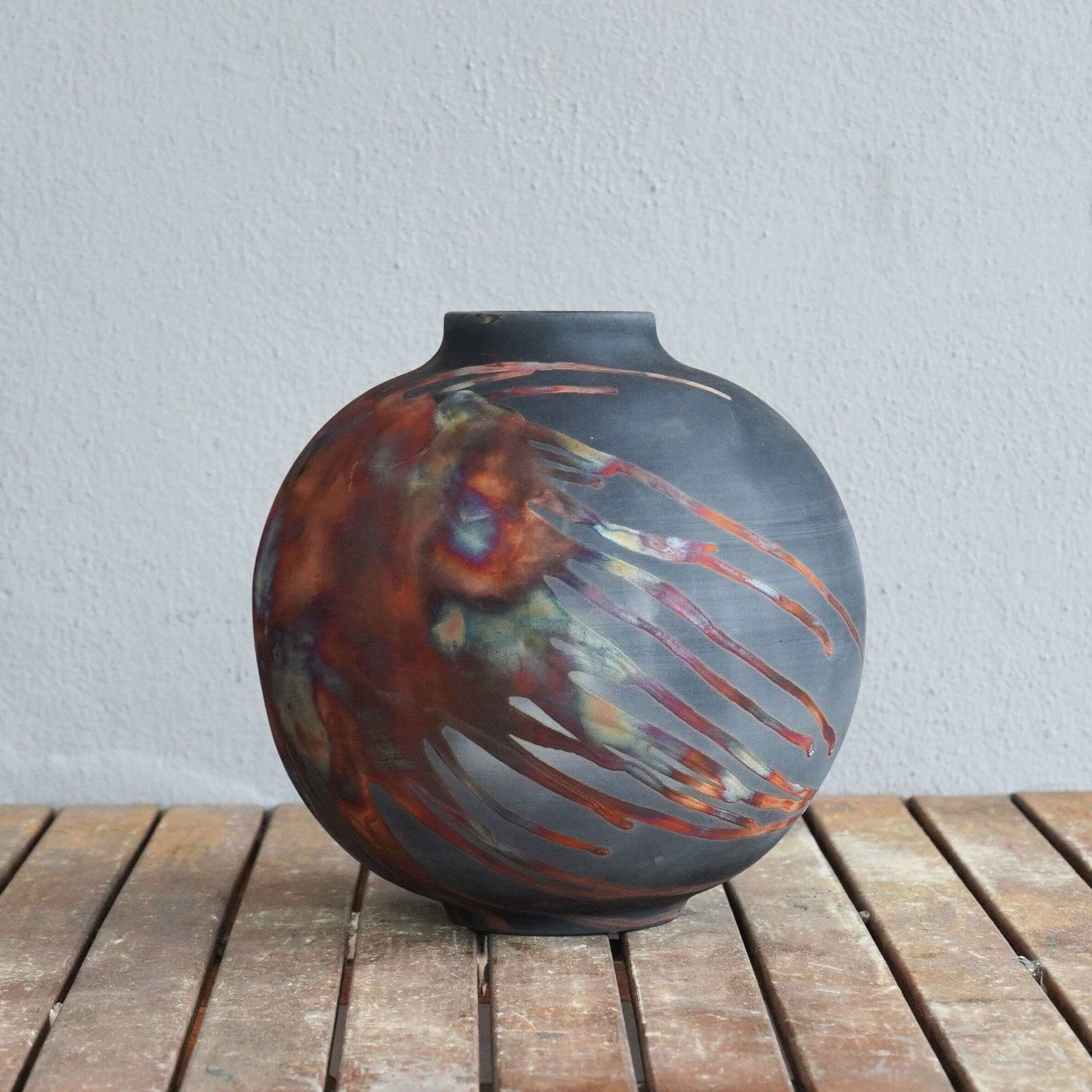 RAAQUU Large Globe Ceramic Vase Carbon Copper S/N0000429 11" Raku Pottery Unique Handmade ceramic pottery raku vases, urns, and home decor, sculptures, wall decor, gifts by Adil Ghani