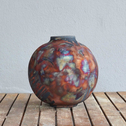 RAAQUU Large Globe Ceramic Vase Carbon Copper S/N0000429 11" Raku Pottery Unique Handmade ceramic pottery raku vases, urns, and home decor, sculptures, wall decor, gifts by Adil Ghani