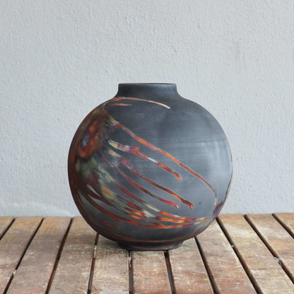 RAAQUU Large Globe Ceramic Vase Carbon Copper S/N0000429 11" Raku Pottery Unique Handmade ceramic pottery raku vases, urns, and home decor, sculptures, wall decor, gifts by Adil Ghani