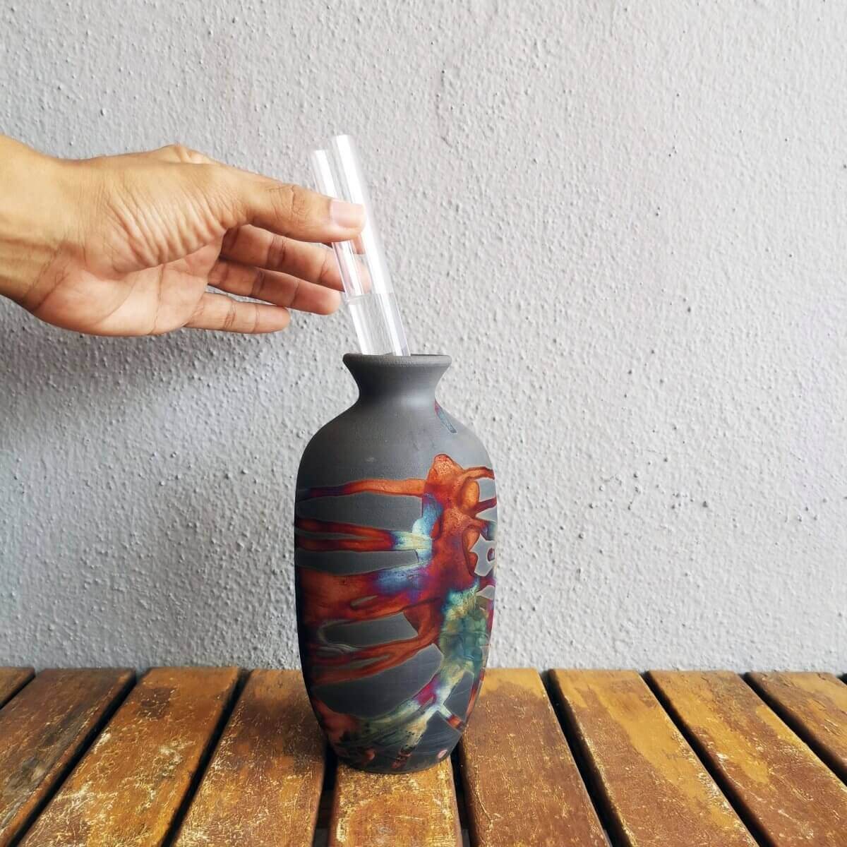 Koban Ceramic Raku Pottery Vase with Water Tube Unique Handmade ceramic pottery raku vases, urns, and home decor, sculptures, wall decor, gifts by Adil Ghani