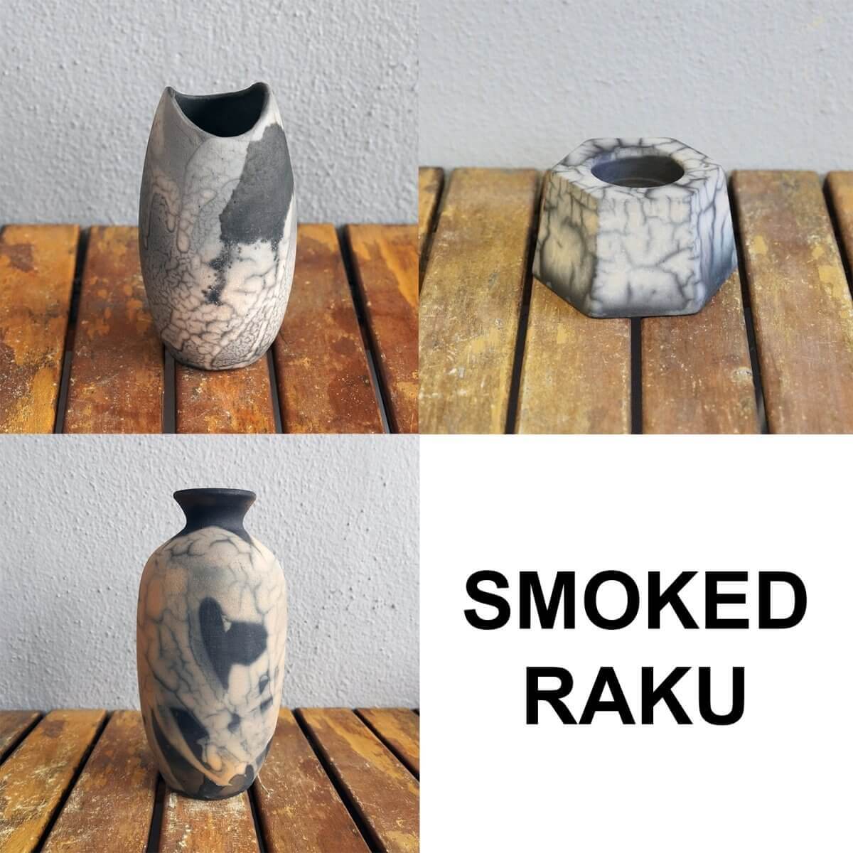 Raku Pottery Birthday Gift Set - Keihatsu, Koi, Koban Unique Handmade ceramic pottery raku vases, urns, and home decor, sculptures, wall decor, gifts by Adil Ghani
