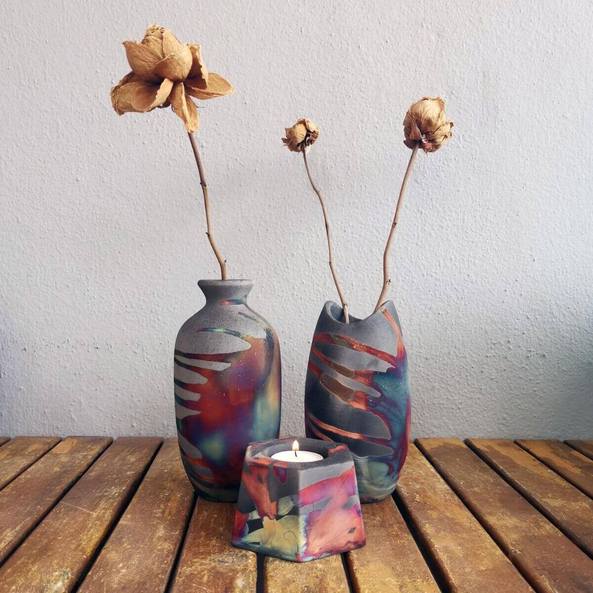 Raku Pottery Birthday Gift Set - Keihatsu, Koi, Koban Unique Handmade ceramic pottery raku vases, urns, and home decor, sculptures, wall decor, gifts by Adil Ghani