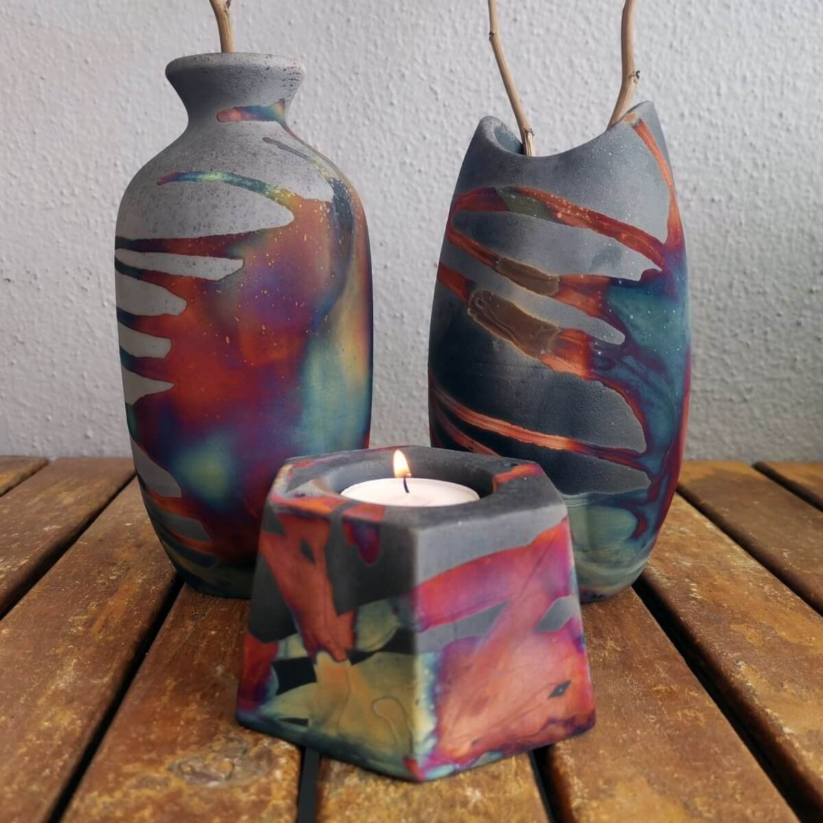 Raku Pottery Birthday Gift Set - Keihatsu, Koi, Koban Unique Handmade ceramic pottery raku vases, urns, and home decor, sculptures, wall decor, gifts by Adil Ghani