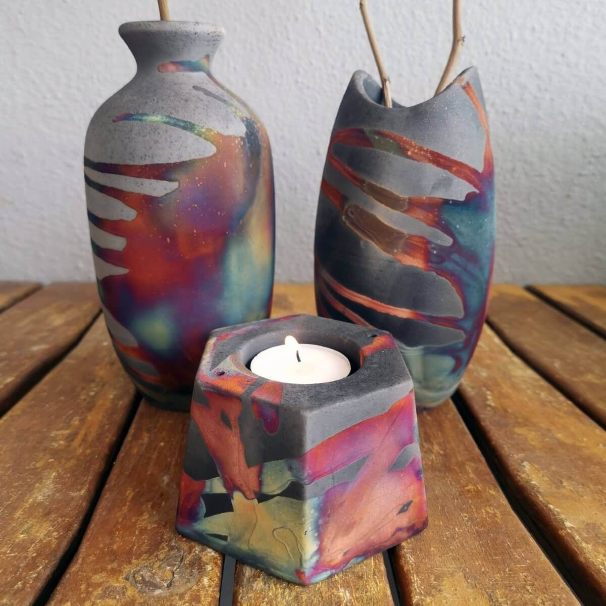 Raku Pottery Birthday Gift Set - Keihatsu, Koi, Koban Unique Handmade ceramic pottery raku vases, urns, and home decor, sculptures, wall decor, gifts by Adil Ghani