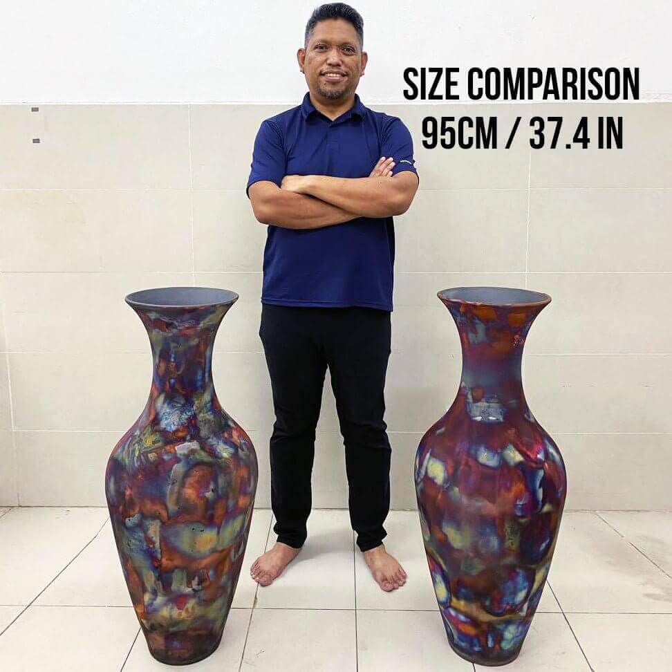 RAAQUU 37.5" Grand Floor Twin Pair Vases PREORDER Raku Ceramic Pottery Unique Handmade ceramic pottery raku vases, urns, and home decor, sculptures, wall decor, gifts by Adil Ghani