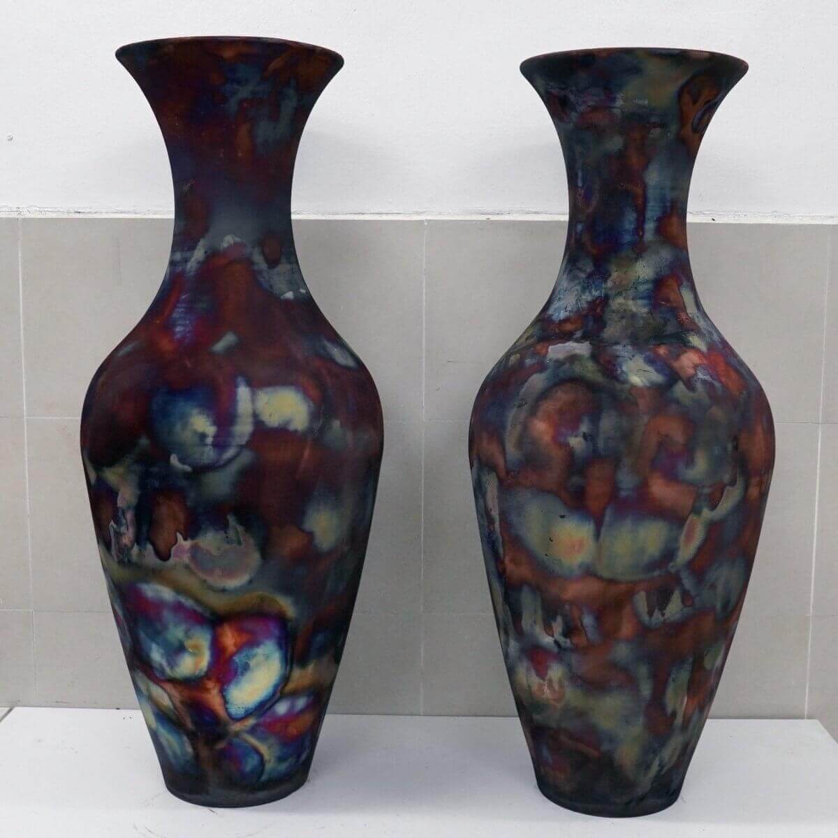 RAAQUU 37.5" Grand Floor Twin Pair Vases PREORDER Raku Ceramic Pottery Unique Handmade ceramic pottery raku vases, urns, and home decor, sculptures, wall decor, gifts by Adil Ghani