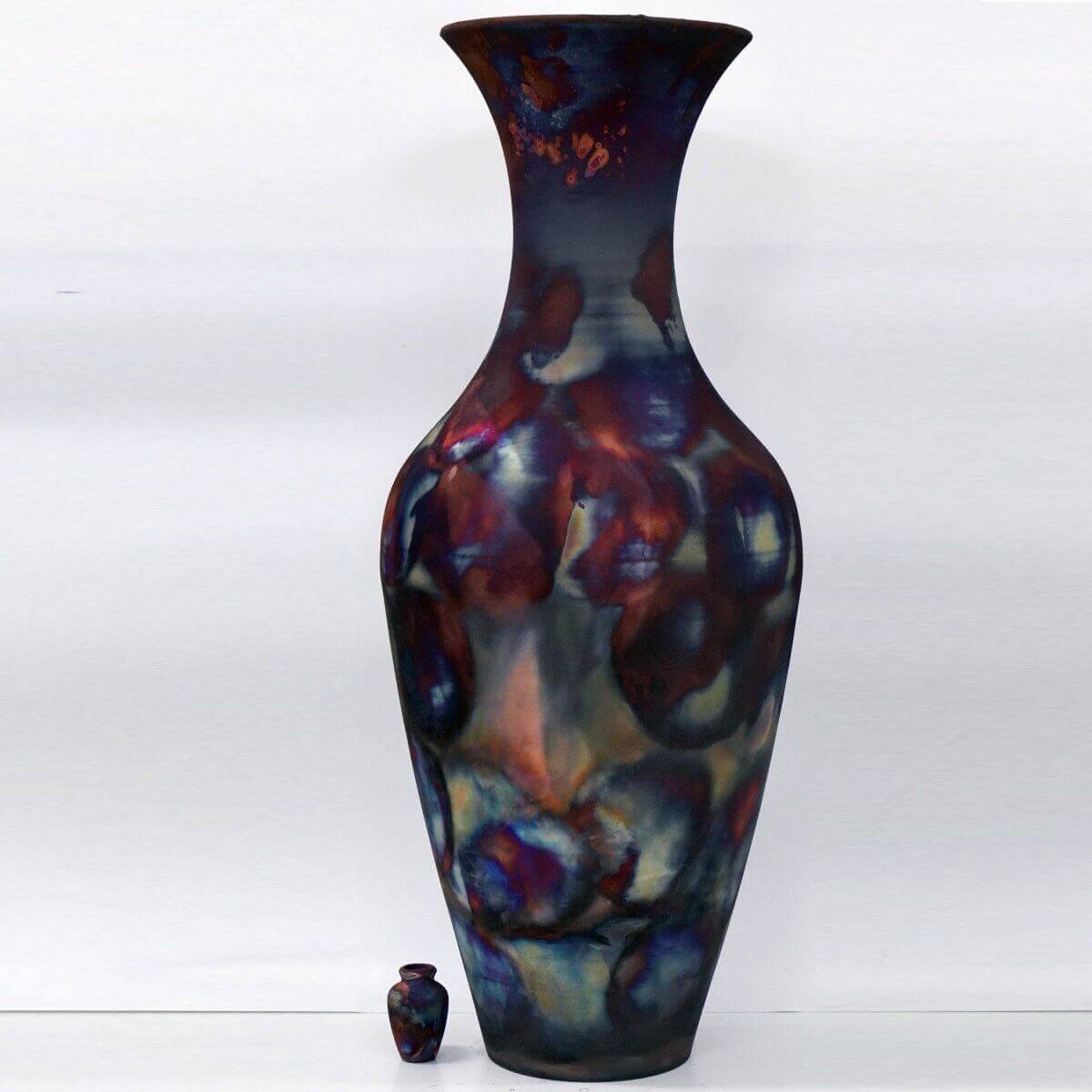 RAAQUU 37.5" Grand Floor Twin Pair Vases PREORDER Raku Ceramic Pottery Unique Handmade ceramic pottery raku vases, urns, and home decor, sculptures, wall decor, gifts by Adil Ghani