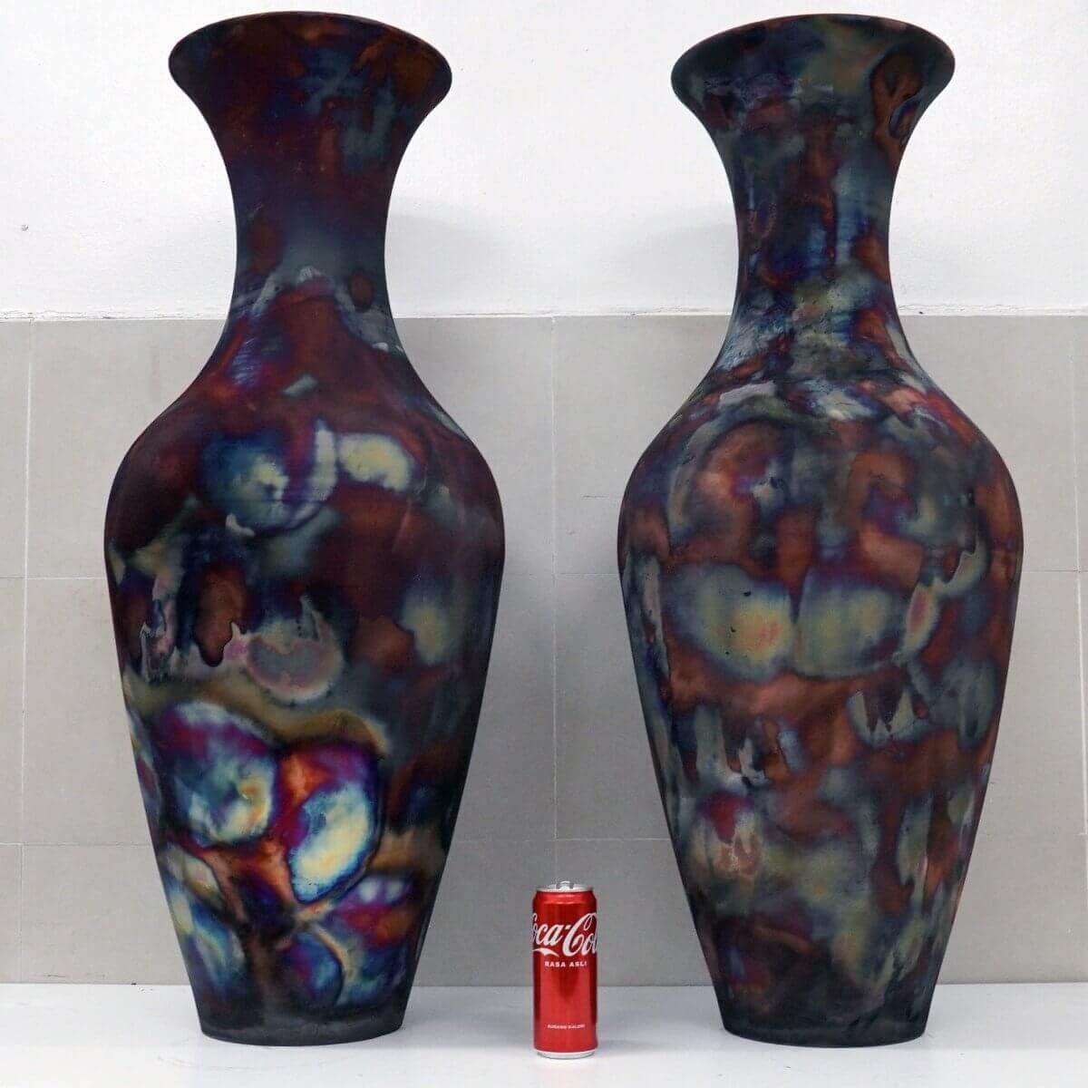 RAAQUU 37.5" Grand Floor Twin Pair Vases PREORDER Raku Ceramic Pottery Unique Handmade ceramic pottery raku vases, urns, and home decor, sculptures, wall decor, gifts by Adil Ghani