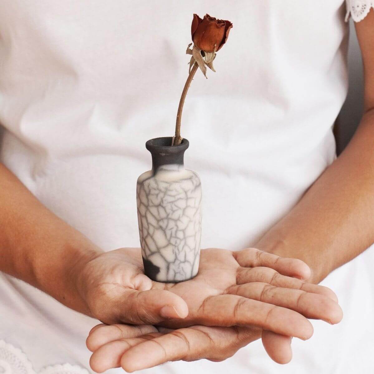 RAAQUU Hana E Mini Ceramic Vase 3.5" Raku Fired Pottery Gift Unique Handmade ceramic pottery raku vases, urns, and home decor, sculptures, wall decor, gifts by Adil Ghani