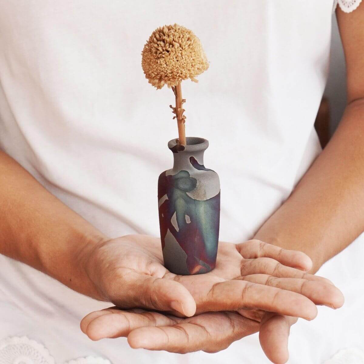 RAAQUU Hana E Mini Ceramic Vase 3.5" Raku Fired Pottery Gift Unique Handmade ceramic pottery raku vases, urns, and home decor, sculptures, wall decor, gifts by Adil Ghani
