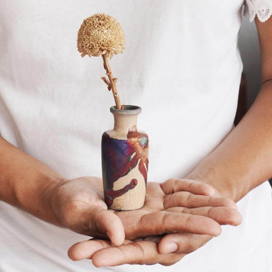 RAAQUU Hana E Mini Ceramic Vase 3.5" Raku Fired Pottery Gift Unique Handmade ceramic pottery raku vases, urns, and home decor, sculptures, wall decor, gifts by Adil Ghani