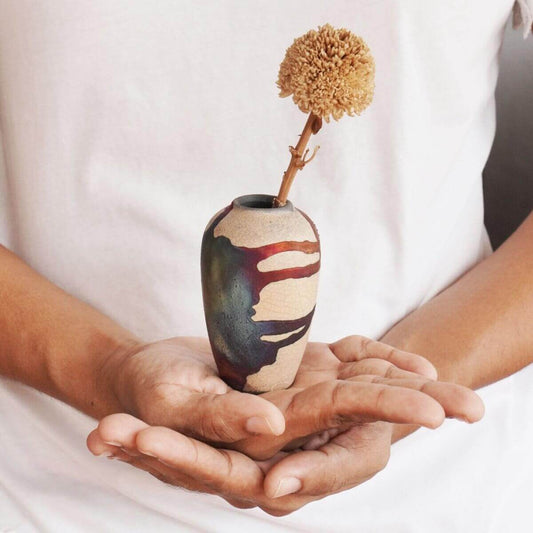 RAAQUU Hana L Mini Ceramic Vase 3.5" Raku Fired Pottery Gift Unique Handmade ceramic pottery raku vases, urns, and home decor, sculptures, wall decor, gifts by Adil Ghani