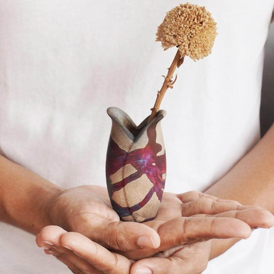 RAAQUU Hana Mini Ceramic Vase 3.5" Raku Fired Pottery Gift Unique Handmade ceramic pottery raku vases, urns, and home decor, sculptures, wall decor, gifts by Adil Ghani