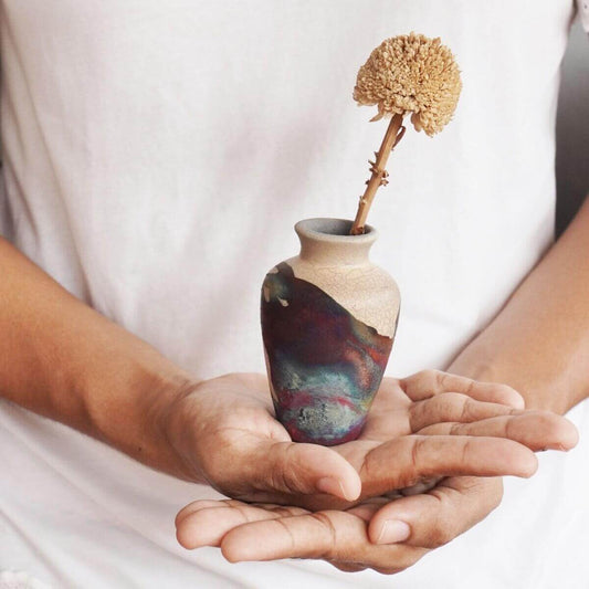 RAAQUU Hana O Mini Ceramic Vase 3.5" Raku Fired Pottery Gift Unique Handmade ceramic pottery raku vases, urns, and home decor, sculptures, wall decor, gifts by Adil Ghani