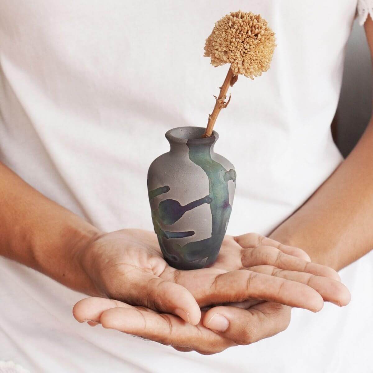 RAAQUU Hana O Mini Ceramic Vase 3.5" Raku Fired Pottery Gift Unique Handmade ceramic pottery raku vases, urns, and home decor, sculptures, wall decor, gifts by Adil Ghani