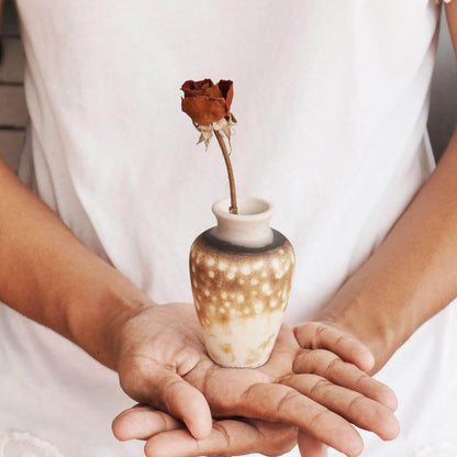 RAAQUU Hana O Mini Ceramic Vase 3.5" Raku Fired Pottery Gift Unique Handmade ceramic pottery raku vases, urns, and home decor, sculptures, wall decor, gifts by Adil Ghani