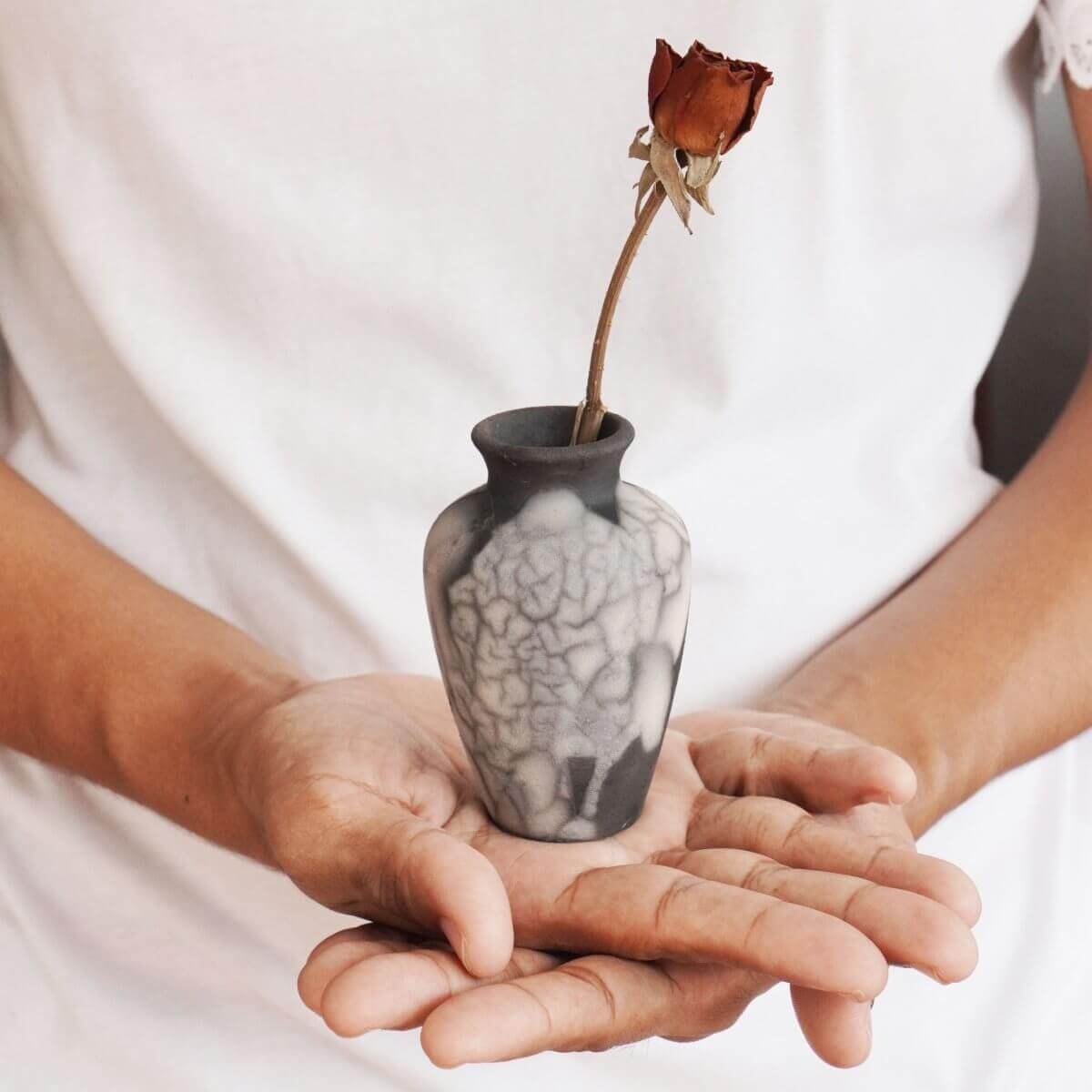 RAAQUU Hana O Mini Ceramic Vase 3.5" Raku Fired Pottery Gift Unique Handmade ceramic pottery raku vases, urns, and home decor, sculptures, wall decor, gifts by Adil Ghani