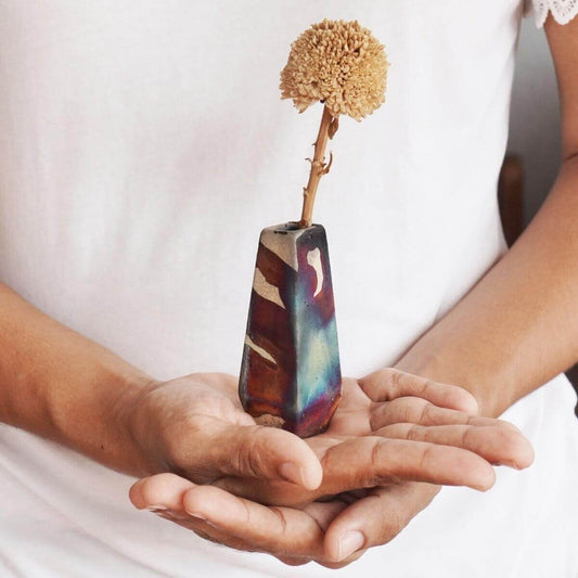RAAQUU Hana R Mini Ceramic Vase 3.5" Raku Fired Pottery Gift Unique Handmade ceramic pottery raku vases, urns, and home decor, sculptures, wall decor, gifts by Adil Ghani