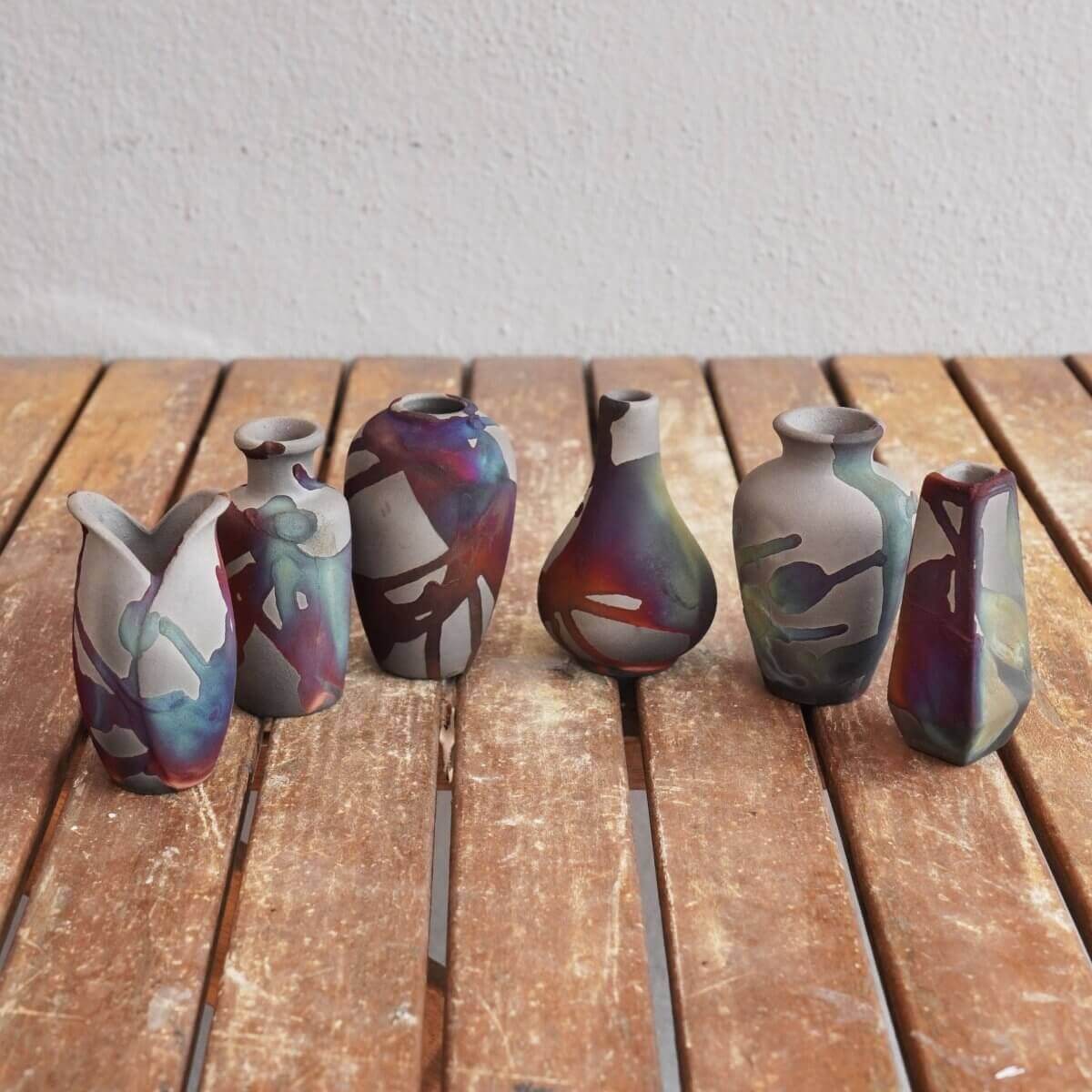 RAAQUU Hana Set Mini Ceramic Vase 3.5" Raku Fired Pottery Gift Unique Handmade ceramic pottery raku vases, urns, and home decor, sculptures, wall decor, gifts by Adil Ghani