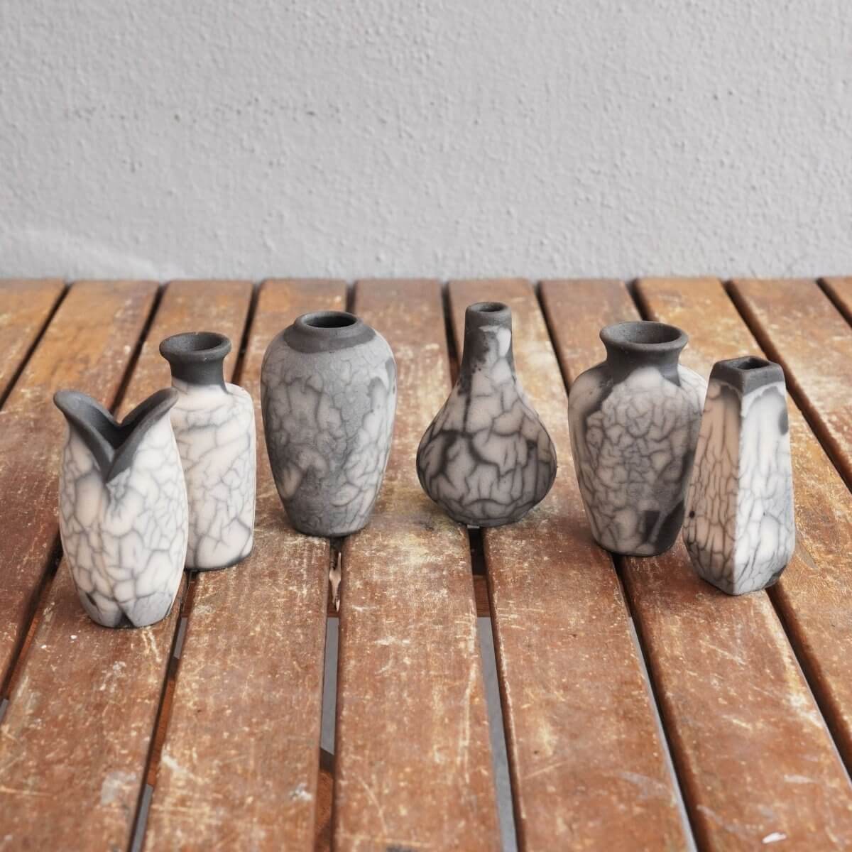 RAAQUU Hana Set Mini Ceramic Vase 3.5" Raku Fired Pottery Gift Unique Handmade ceramic pottery raku vases, urns, and home decor, sculptures, wall decor, gifts by Adil Ghani