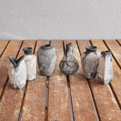 RAAQUU Hana Set Mini Ceramic Vase 3.5" Raku Fired Pottery Gift Unique Handmade ceramic pottery raku vases, urns, and home decor, sculptures, wall decor, gifts by Adil Ghani