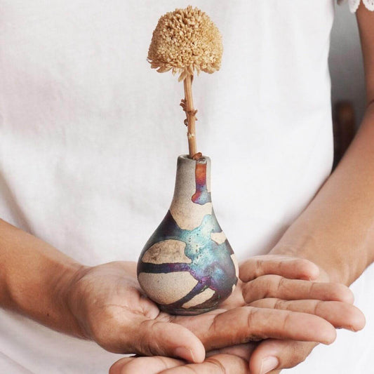 RAAQUU Hana W Mini Ceramic Vase 3.5" Raku Fired Pottery Gift Unique Handmade ceramic pottery raku vases, urns, and home decor, sculptures, wall decor, gifts by Adil Ghani