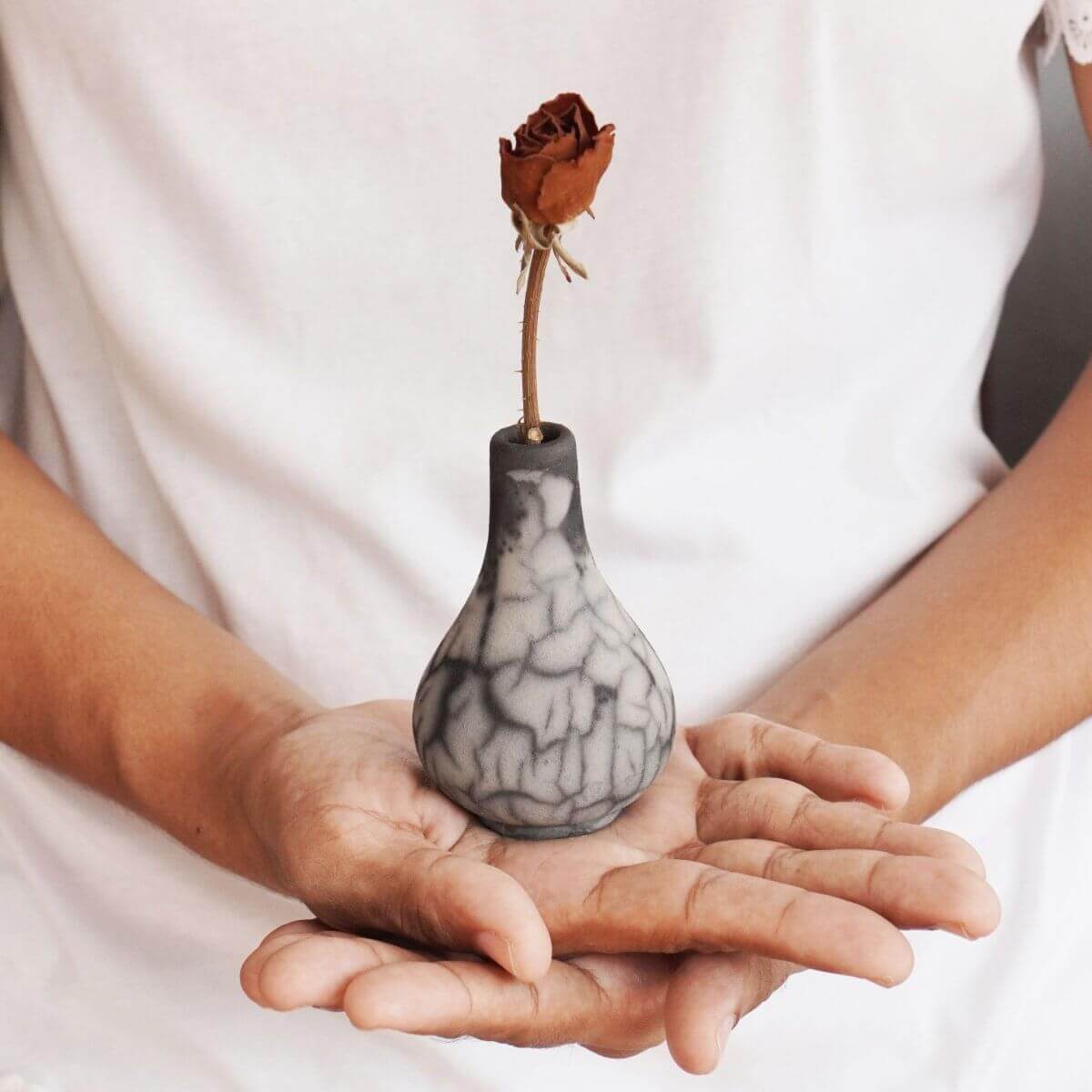 RAAQUU Hana W Mini Ceramic Vase 3.5" Raku Fired Pottery Gift Unique Handmade ceramic pottery raku vases, urns, and home decor, sculptures, wall decor, gifts by Adil Ghani