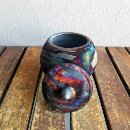 RAAQUU KIOKU Small raku pottery Urn for Remains - 12 oz capacity for child, pet, dog, cat Unique Handmade ceramic pottery raku vases, urns, and home decor, sculptures, wall decor, gifts by Adil Ghani