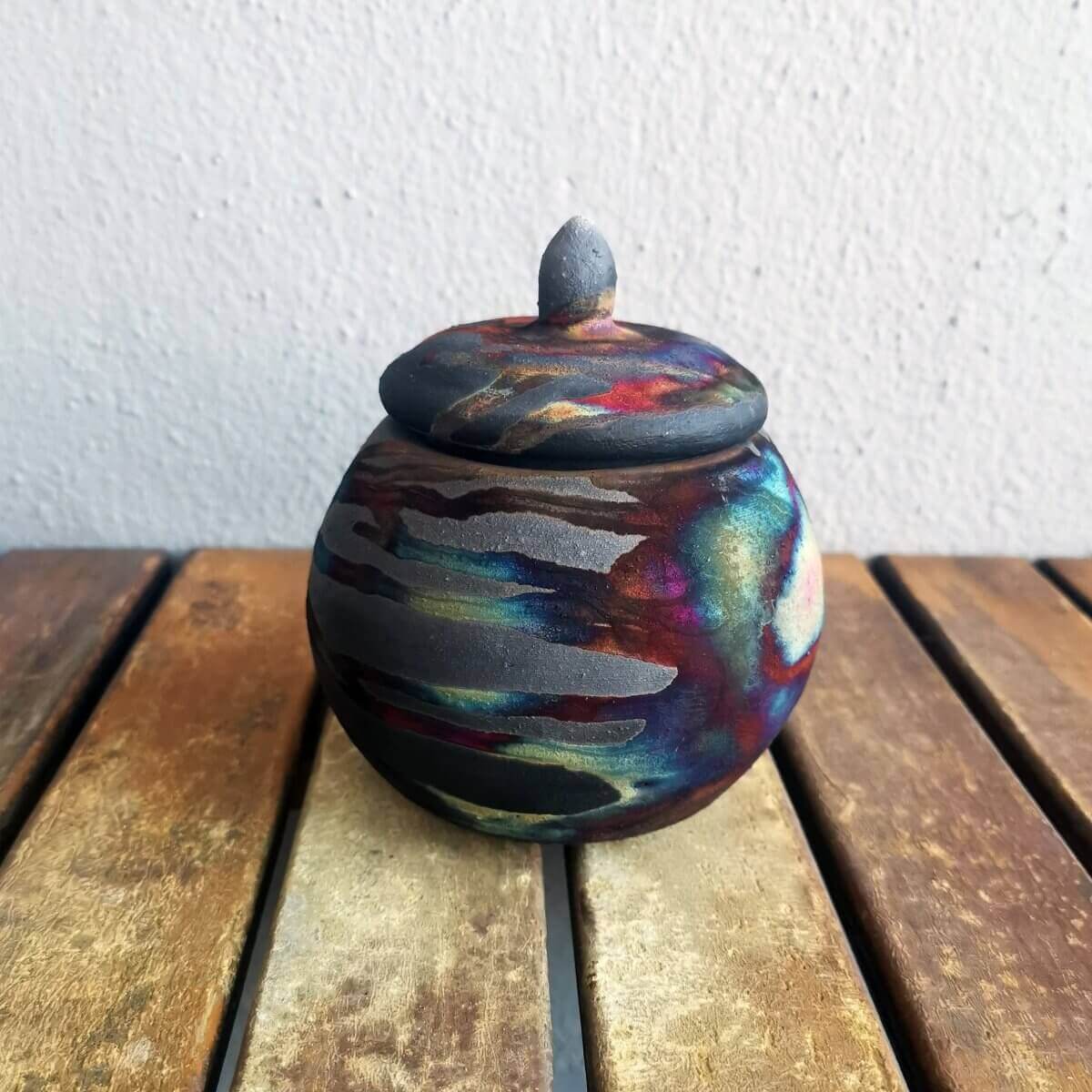 RAAQUU KIOKU Small raku pottery Urn for Remains - 12 oz capacity for child, pet, dog, cat Unique Handmade ceramic pottery raku vases, urns, and home decor, sculptures, wall decor, gifts by Adil Ghani