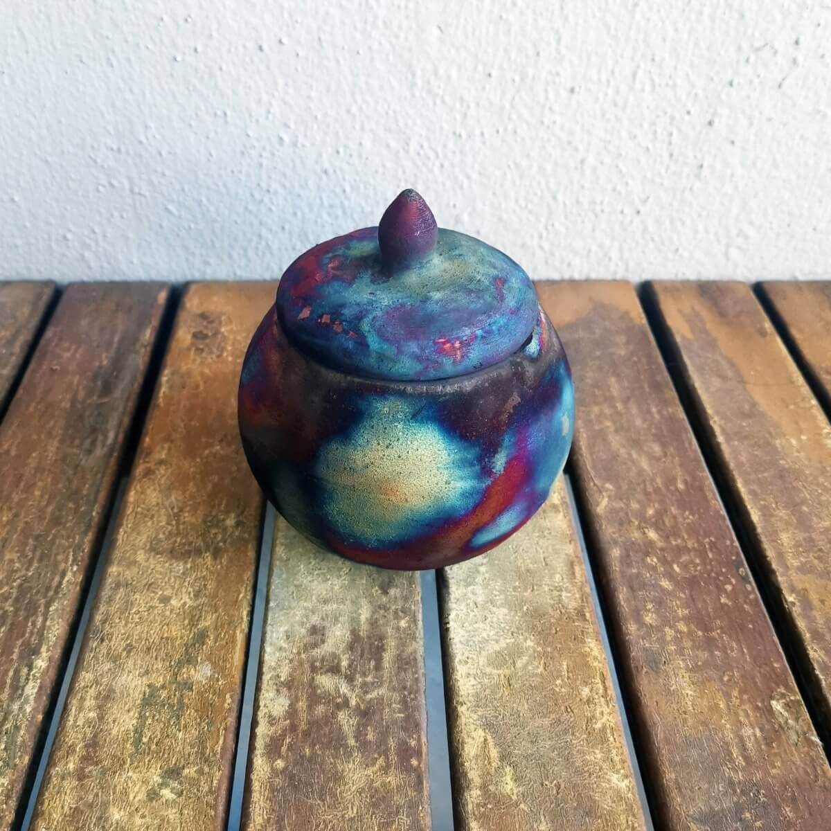 RAAQUU KIOKU Small raku pottery Urn for Remains - 12 oz capacity for child, pet, dog, cat Unique Handmade ceramic pottery raku vases, urns, and home decor, sculptures, wall decor, gifts by Adil Ghani