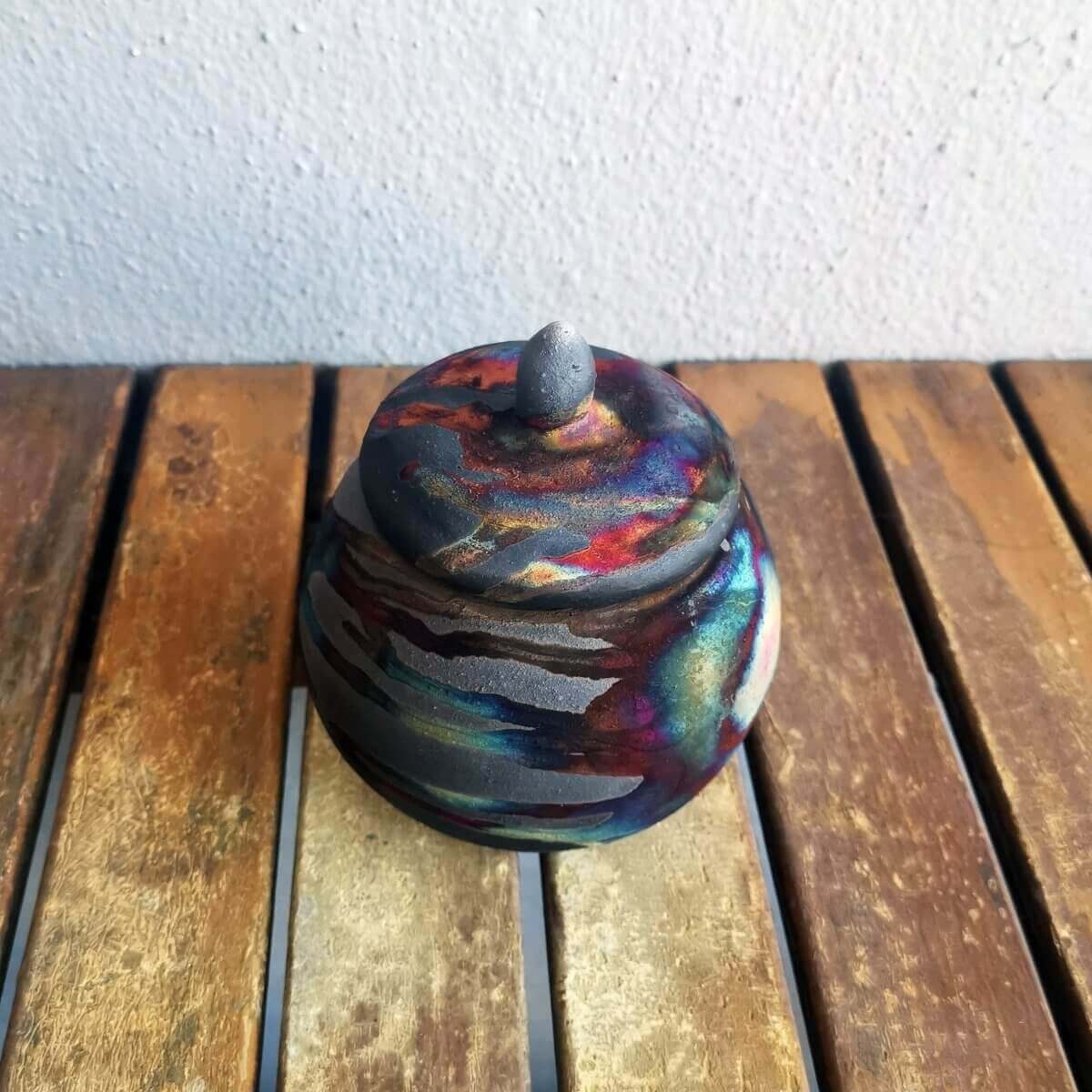 RAAQUU KIOKU Small raku pottery Urn for Remains - 12 oz capacity for child, pet, dog, cat Unique Handmade ceramic pottery raku vases, urns, and home decor, sculptures, wall decor, gifts by Adil Ghani