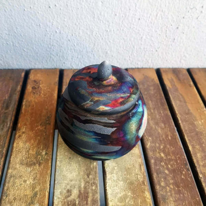 RAAQUU KIOKU Small raku pottery Urn for Remains - 12 oz capacity for child, pet, dog, cat Unique Handmade ceramic pottery raku vases, urns, and home decor, sculptures, wall decor, gifts by Adil Ghani