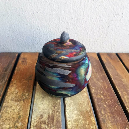 RAAQUU KIOKU Small raku pottery Urn for Remains - 12 oz capacity for child, pet, dog, cat Unique Handmade ceramic pottery raku vases, urns, and home decor, sculptures, wall decor, gifts by Adil Ghani