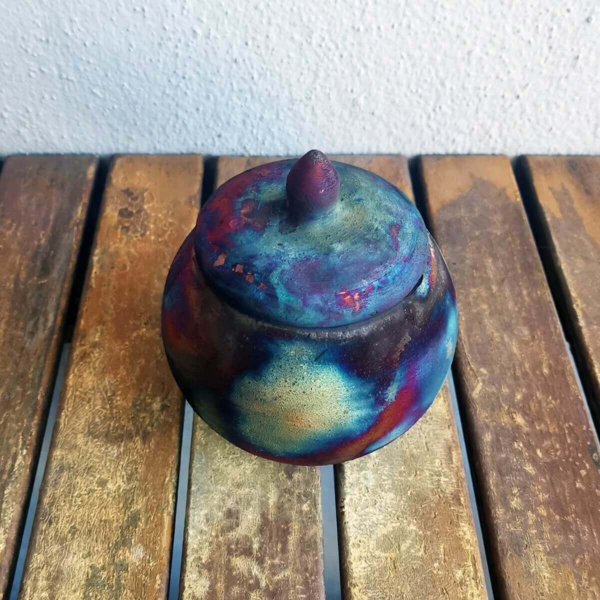RAAQUU KIOKU Small raku pottery Urn for Remains - 12 oz capacity for child, pet, dog, cat Unique Handmade ceramic pottery raku vases, urns, and home decor, sculptures, wall decor, gifts by Adil Ghani