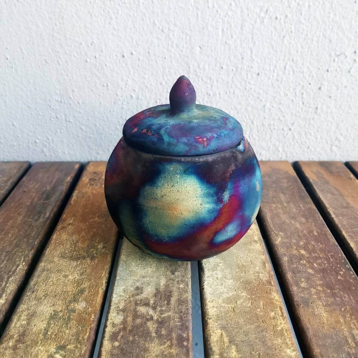 RAAQUU KIOKU Small raku pottery Urn for Remains - 12 oz capacity for child, pet, dog, cat Unique Handmade ceramic pottery raku vases, urns, and home decor, sculptures, wall decor, gifts by Adil Ghani