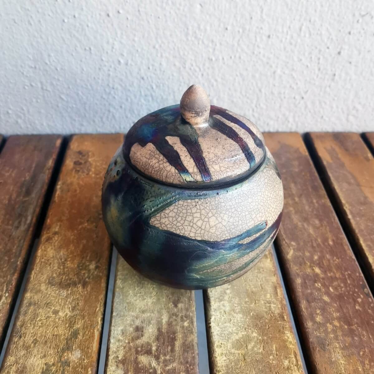 RAAQUU KIOKU Small raku pottery Urn for Remains - 12 oz capacity for child, pet, dog, cat Unique Handmade ceramic pottery raku vases, urns, and home decor, sculptures, wall decor, gifts by Adil Ghani