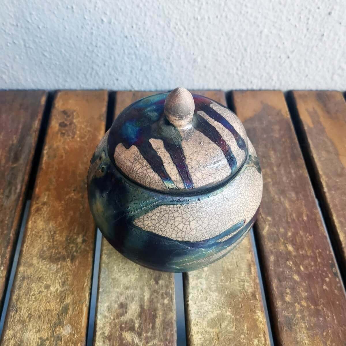 RAAQUU KIOKU Small raku pottery Urn for Remains - 12 oz capacity for child, pet, dog, cat Unique Handmade ceramic pottery raku vases, urns, and home decor, sculptures, wall decor, gifts by Adil Ghani