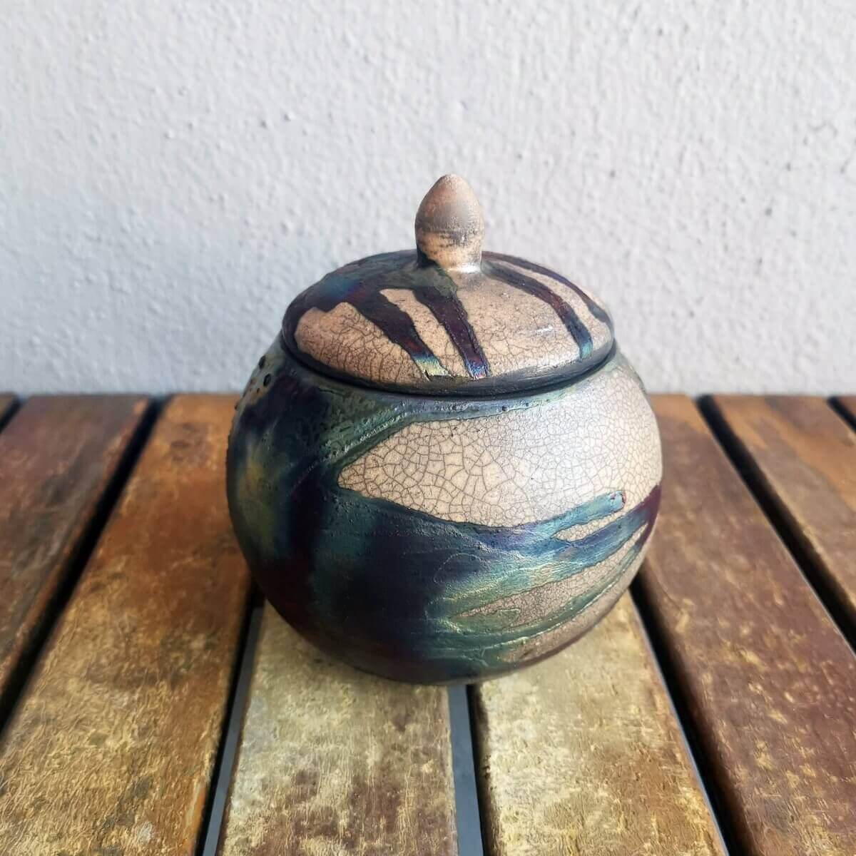 RAAQUU KIOKU Small raku pottery Urn for Remains - 12 oz capacity for child, pet, dog, cat Unique Handmade ceramic pottery raku vases, urns, and home decor, sculptures, wall decor, gifts by Adil Ghani