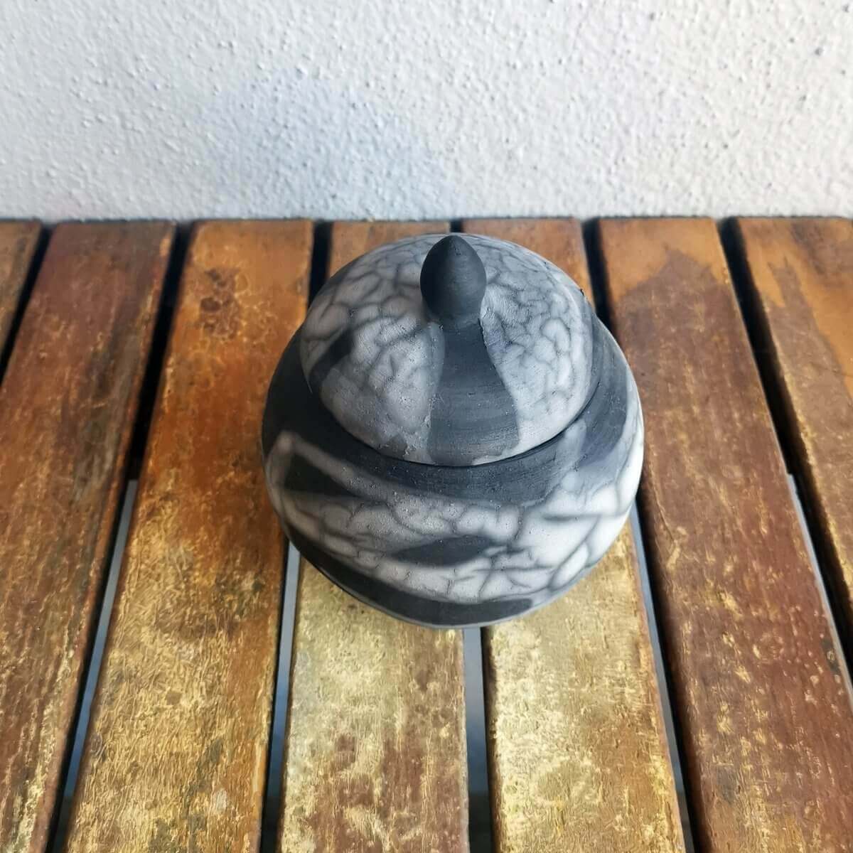 RAAQUU KIOKU Small raku pottery Urn for Remains - 12 oz capacity for child, pet, dog, cat Unique Handmade ceramic pottery raku vases, urns, and home decor, sculptures, wall decor, gifts by Adil Ghani