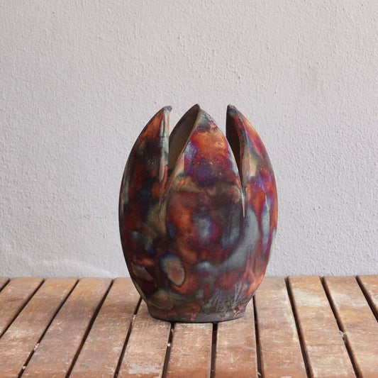 RAAQUU Large Flower Ceramic Vase Full Copper Matte S/N0000157 11" Raku Pottery Unique Handmade ceramic pottery raku vases, urns, and home decor, sculptures, wall decor, gifts by Adil Ghani