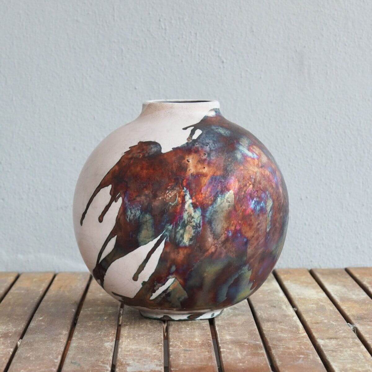 RAAQUU Large Globe Ceramic Vase Half Copper Matte S/N0000468 11" Raku Pottery Unique Handmade ceramic pottery raku vases, urns, and home decor, sculptures, wall decor, gifts by Adil Ghani
