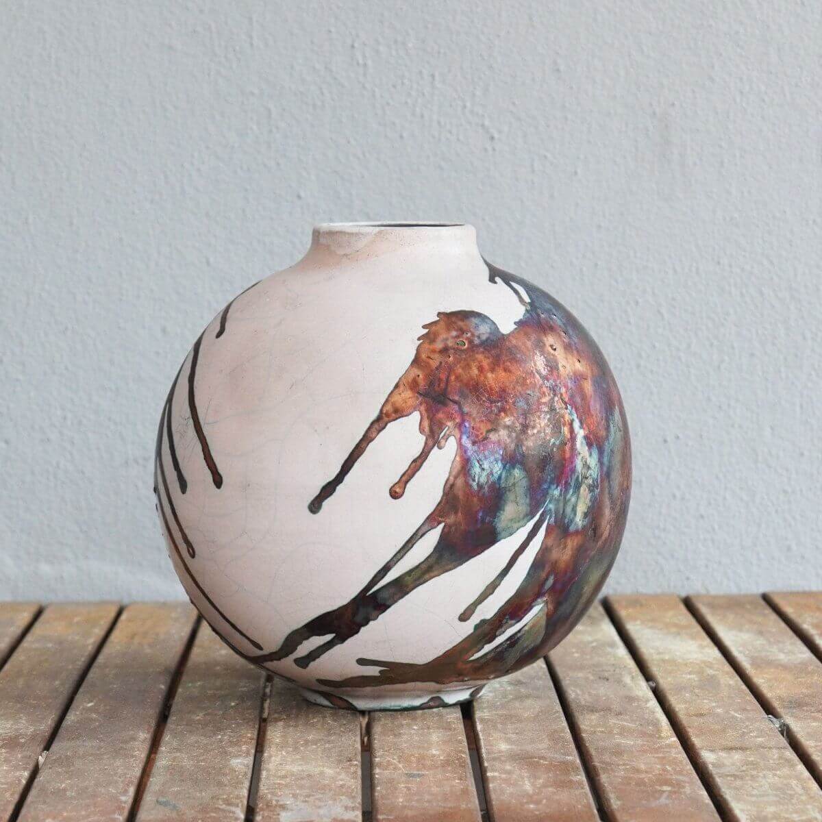 RAAQUU Large Globe Ceramic Vase Half Copper Matte S/N0000468 11" Raku Pottery Unique Handmade ceramic pottery raku vases, urns, and home decor, sculptures, wall decor, gifts by Adil Ghani